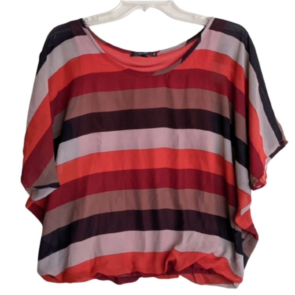 Papaya Top Orange Multicolor Stripe Chiffon Blouse Elastic Waist Fall Hues